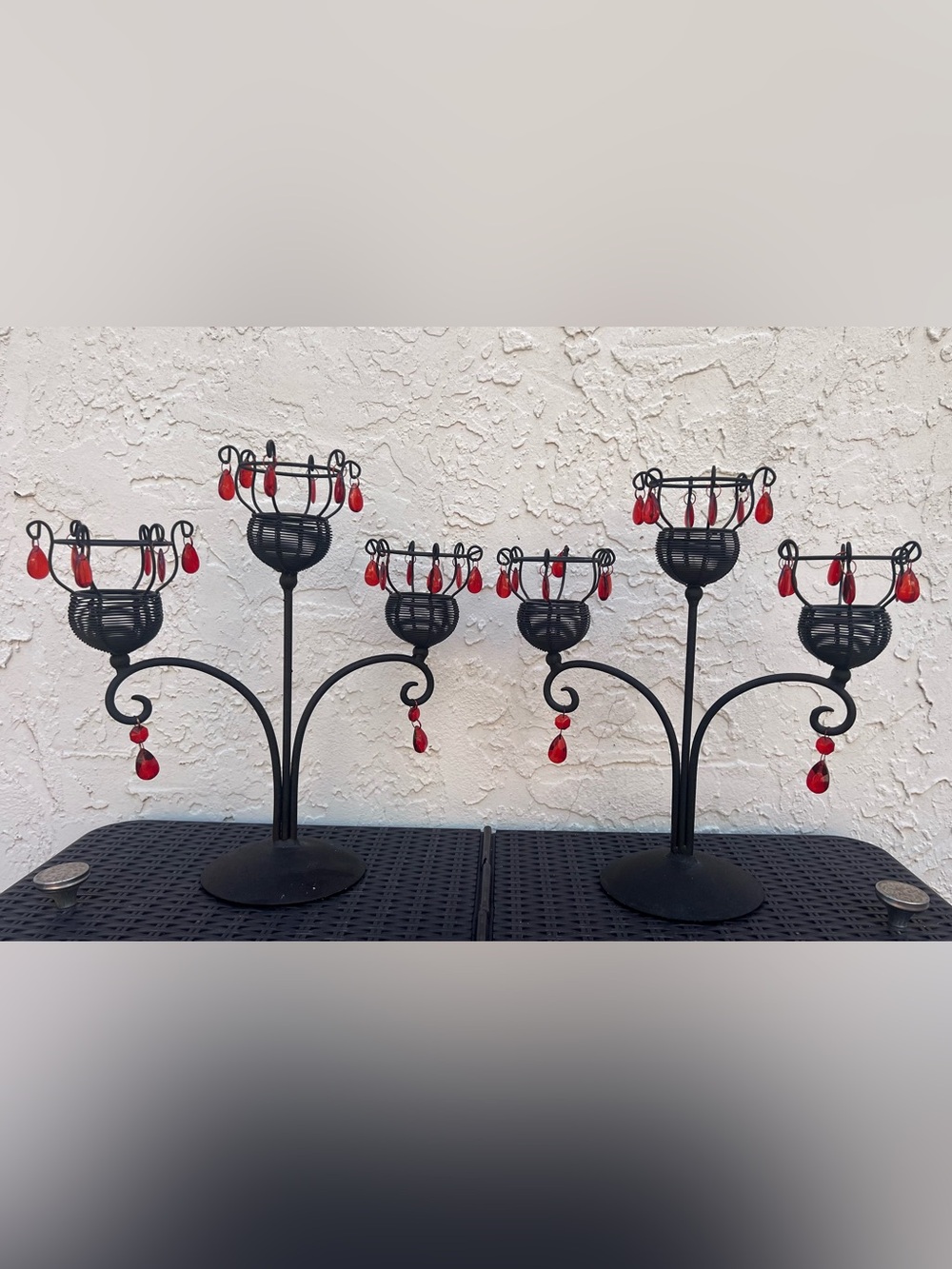 Gothic Candle Holders Ruby Red Teardrop Beads Vintage-style Home Decor Set of 2
